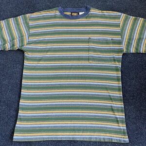 Vintage Faded Glory Shirt Mens Large Green Blue Striped Pocket Tee T-Shirt
